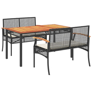 vidaXL 3 Piece Garden Dining Set with Cushions Black Poly Rattan