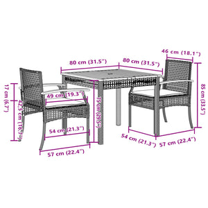 vidaXL 3 Piece Garden Dining Set with Cushions Grey Poly Rattan