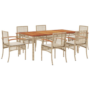 vidaXL 7 Piece Garden Dining Set with Cushions Beige Poly Rattan