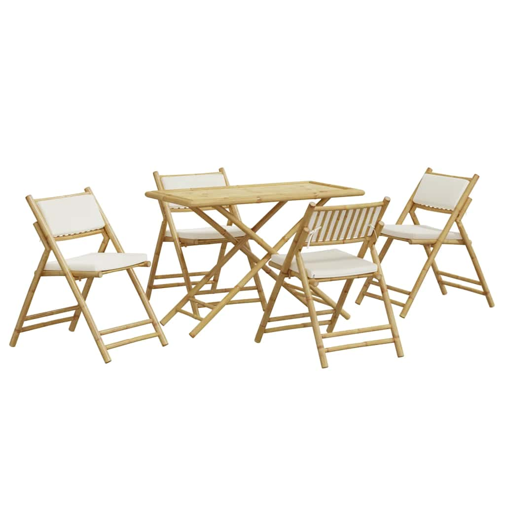 vidaXL 5 Piece Folding Bistro set with Cream White Cushions Bamboo