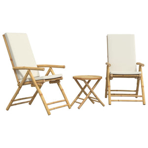 vidaXL 3 Piece Folding Bistro set with Cream White Cushions Bamboo