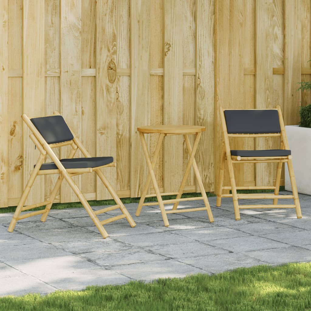 vidaXL 3 Piece Folding Bistro set with Dark Grey Cushions Bamboo