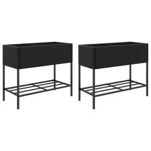 vidaXL Garden Planters with Shelf 2 pcs Black 90x40x75 cm Poly Rattan