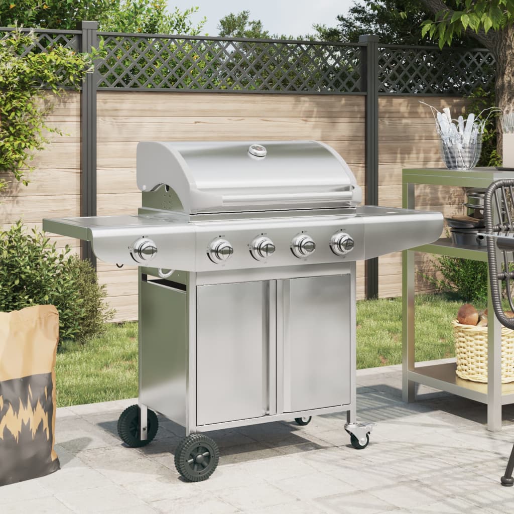 vidaXL Gas BBQ Grill with 5 Burners Silver Stainless Steel