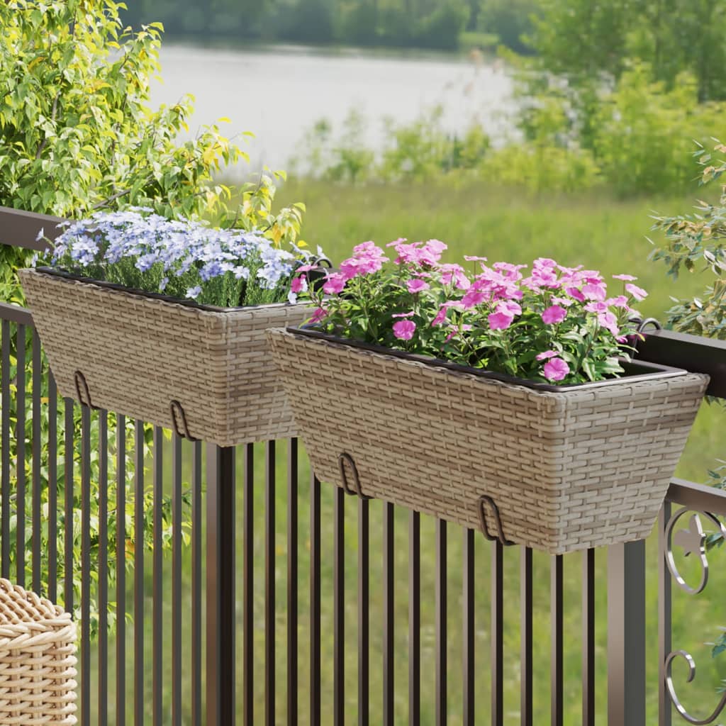 vidaXL Planters with hooks 2 pcs Grey Poly Rattan