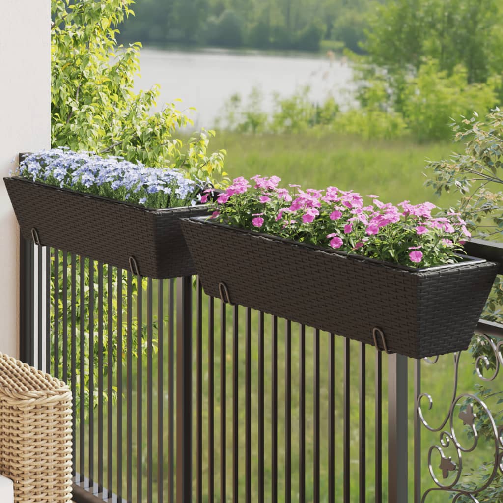 vidaXL Planters with hooks 2 pcs Black Poly Rattan