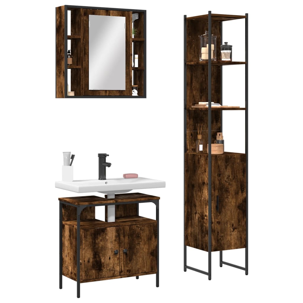 vidaXL 3 Piece Bathroom Cabinet Set Smoked Oak Engineered Wood