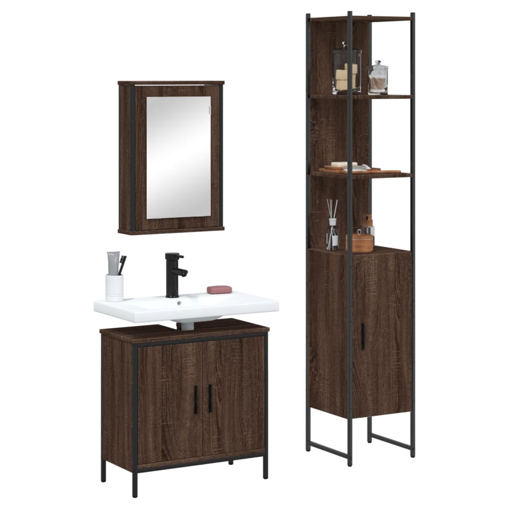 vidaXL 3 Piece Bathroom Furniture Set Brown Oak Engineered Wood.