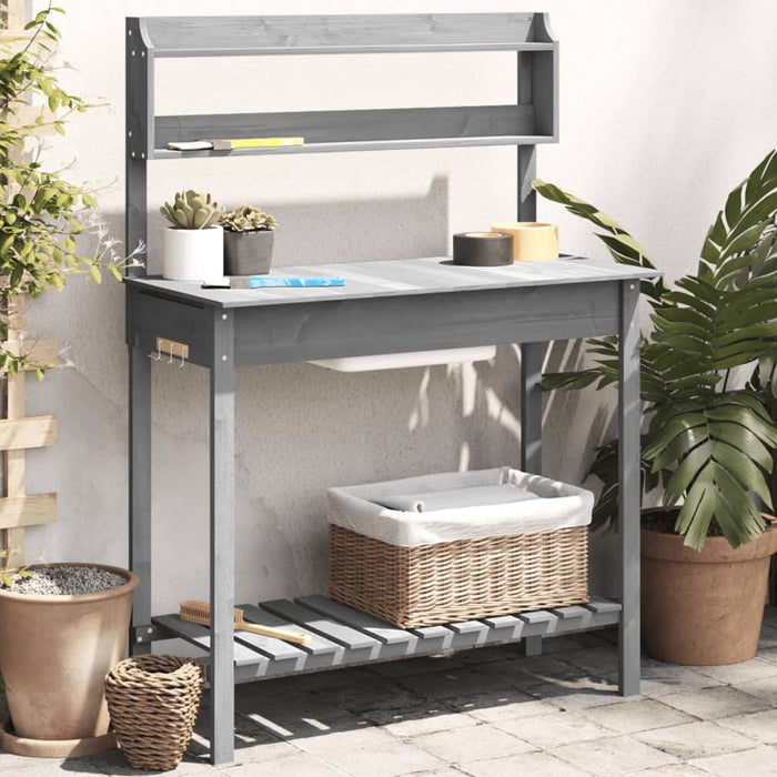 vidaXL Potting Table with Sink Grey 147.5x44x139.5 cm Solid Wood Fir