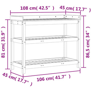 vidaXL Potting Table with Shelves 108x45x86.5 cm Solid Wood Pine