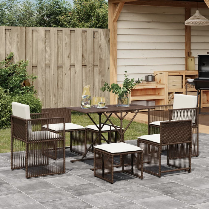 vidaXL 7 Piece Garden Dining Set with Cushions Brown Poly Rattan