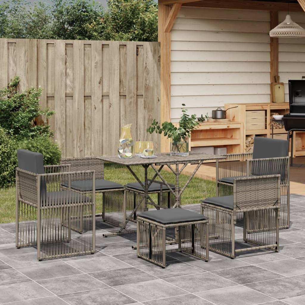 vidaXL 7 Piece Garden Dining Set with Cushions Grey Poly Rattan