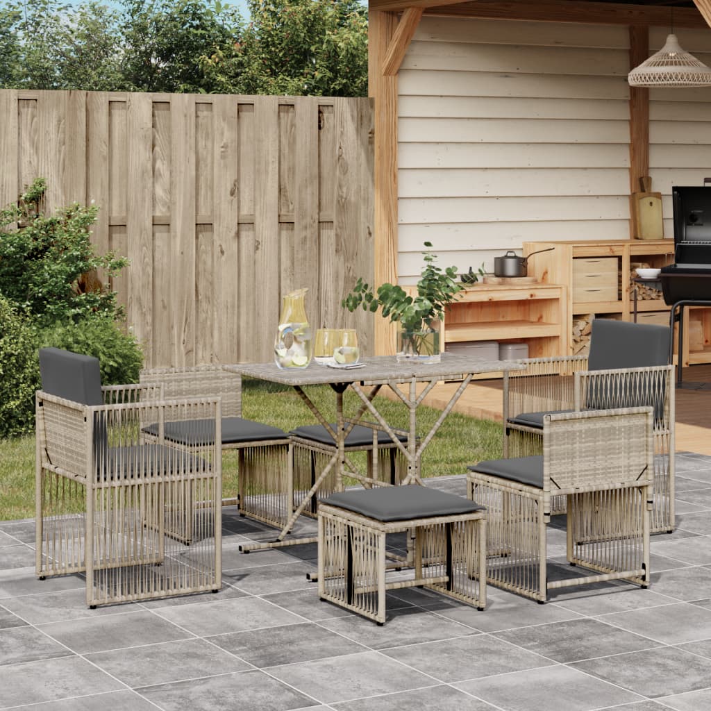 vidaXL 7 Piece Garden Dining Set with Cushions Light Grey Poly Rattan