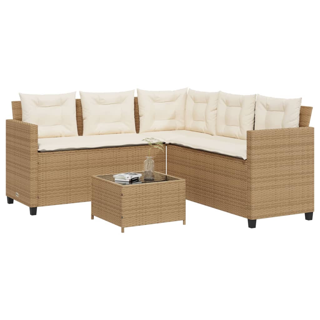 vidaXL Garden Sofa with Table and Cushions L-Shaped Beige Poly Rattan