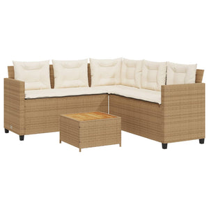 vidaXL Garden Sofa with Table and Cushions L-Shaped Beige Poly Rattan