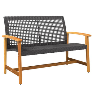 vidaXL Garden Bench Black 112 cm Poly Rattan and Acacia Wood