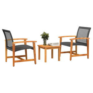 vidaXL 3 Piece Bistro Set Black Poly Rattan and Acacia Wood