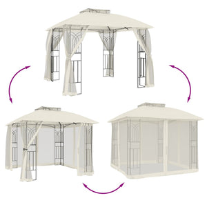 vidaXL Gazebo with Double Roof and Mesh Walls Cream 2.94x2.94 m Steel