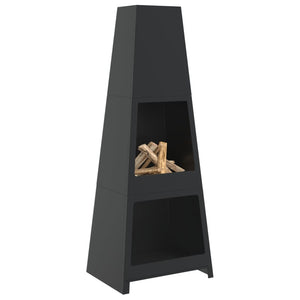 vidaXL Outdoor Fireplace with Log Store Tower Design Black Steel