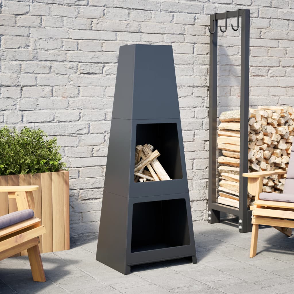 vidaXL Outdoor Fireplace with Log Store Tower Design Black Steel