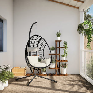 vidaXL Hanging Egg Chair with Stand Beige Rattan and Steel