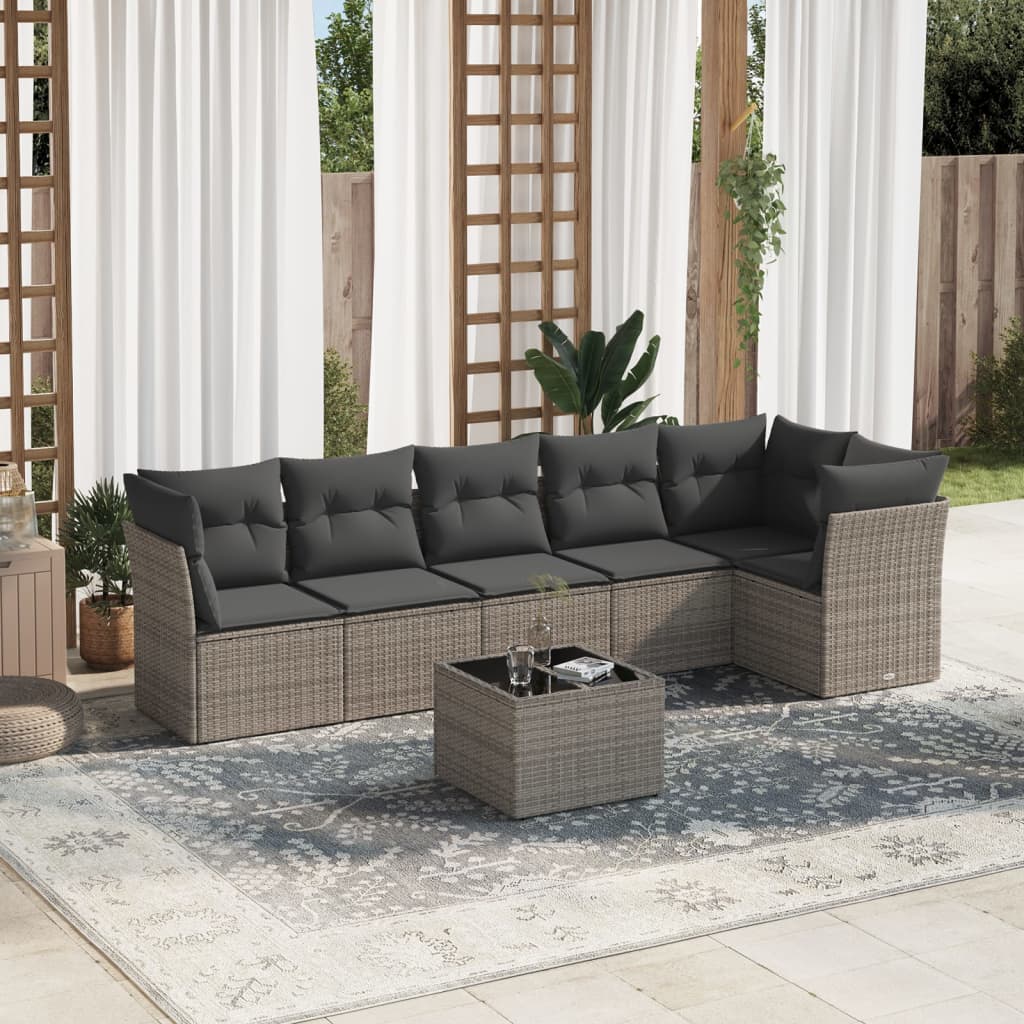 vidaXL 7 Piece Garden Sofa Set with Cushions Grey Poly Rattan