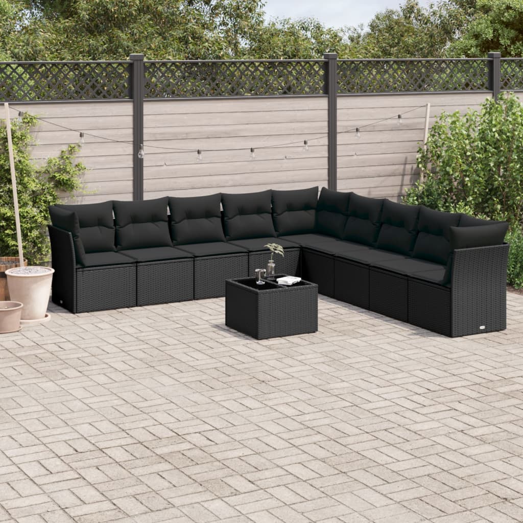 vidaXL 10 Piece Garden Sofa Set with Cushions Black Poly Rattan