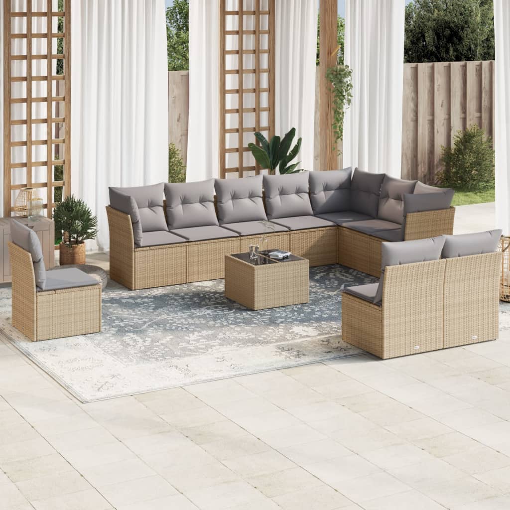 vidaXL 11 Piece Garden Sofa Set with Cushions Beige Poly Rattan