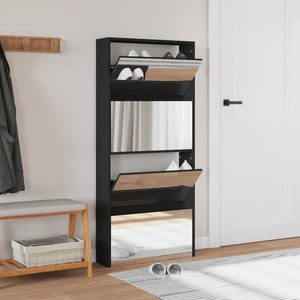 vidaXL Shoe Cabinet with Mirror 4-Layer Black 63x17x134 cm