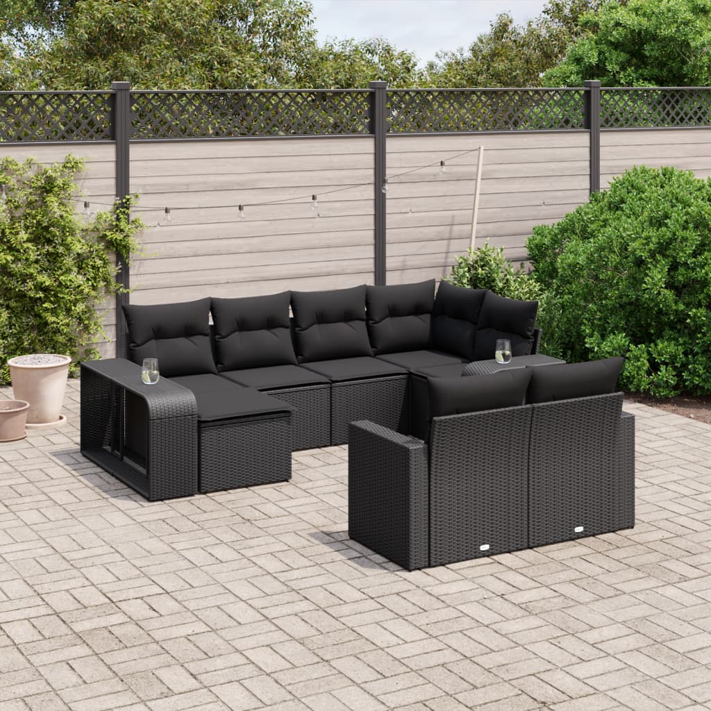 vidaXL 10 Piece Garden Sofa Set with Cushions Black Poly Rattan