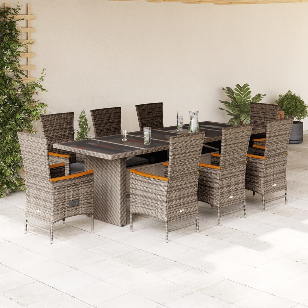 vidaXL 9 Piece Garden Dining Set with Cushions Grey Poly Rattan