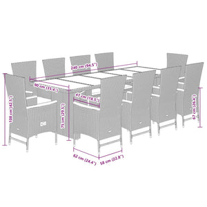 vidaXL 11 Piece Garden Dining Set with Cushions Grey Poly Rattan