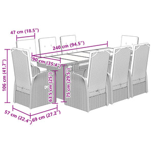 vidaXL 9 Piece Garden Dining Set with Cushions Grey Poly Rattan