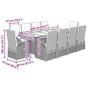 vidaXL 11 Piece Garden Dining Set with Cushions Grey Poly Rattan