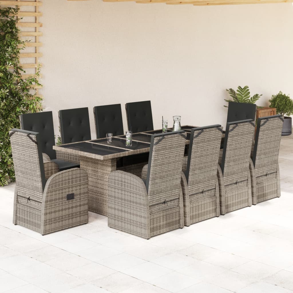 vidaXL 11 Piece Garden Dining Set with Cushions Grey Poly Rattan