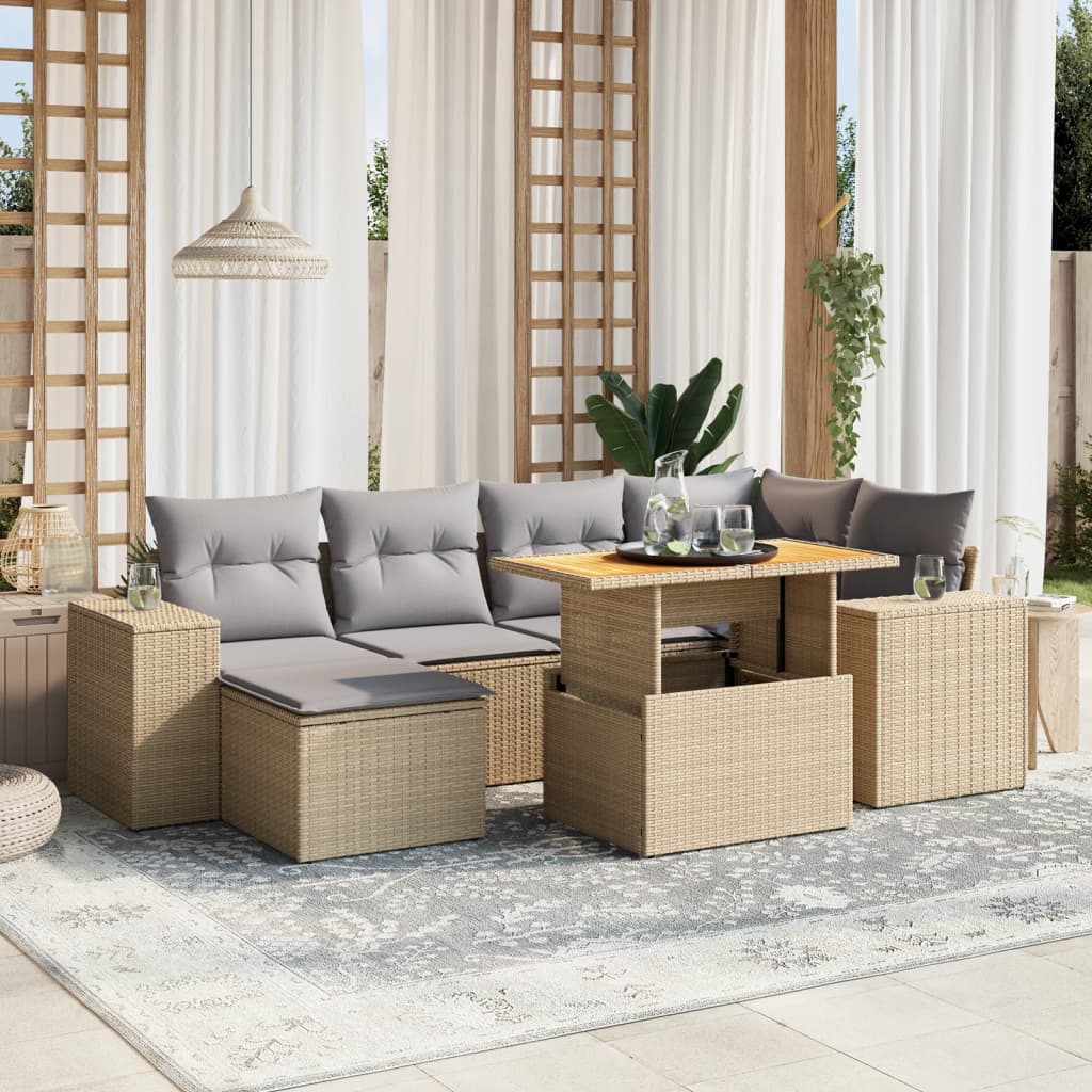 vidaXL 7 Piece Garden Sofa Set with Cushions Beige Poly Rattan