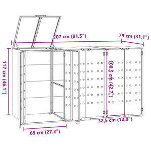 vidaXL Wheelie Bin Storage for 3 Bins Black 207x79x117 cm Steel