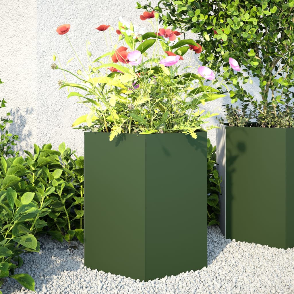 vidaXL Garden Planter 2 pcs Olive Green Hexagon 46x40x45 cm Steel