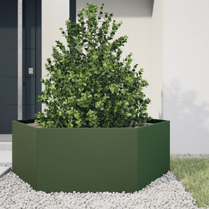 vidaXL Garden Planter Olive Green Hexagon 138x120x45 cm Steel