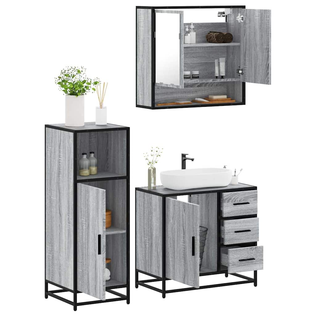 vidaXL 3 Piece Bathroom Furniture Set Grey Sonoma Engineered Wood