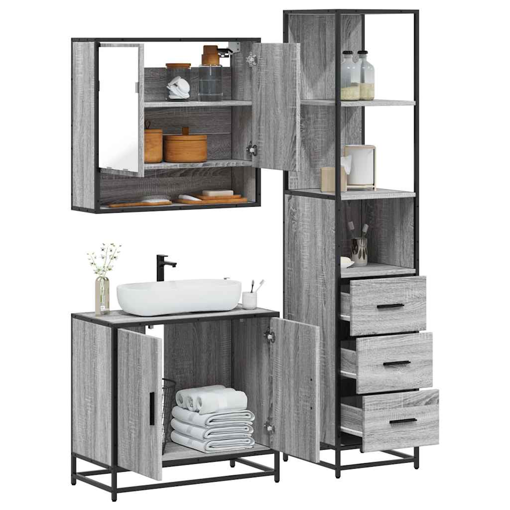 vidaXL 3 Piece Bathroom Furniture Set Grey Sonoma Engineered Wood