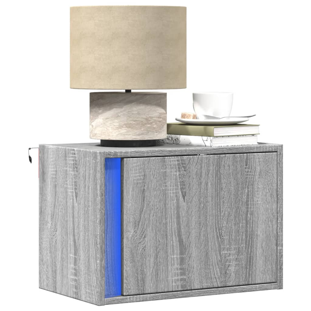 vidaXL Wall-mounted Bedside Cabinet with LED Lights Grey Sonoma