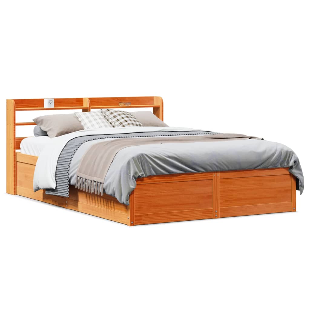 vidaXL Bed Frame with Headboard Wax Brown 120x190 cm Small Double Solid Wood Pine