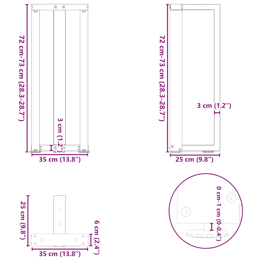 vidaXL Console Table Legs T-Shaped 2 pcs White 38x25x(72-73) cm Steel