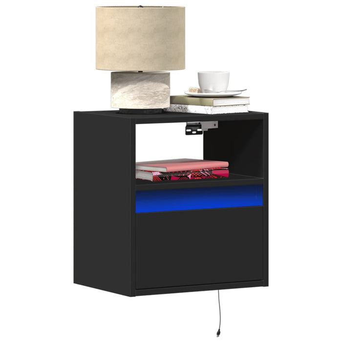 vidaXL Wall-mounted Bedside Cabinet with LED Lights Black