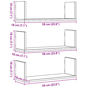 vidaXL Wall Shelves 3 pcs Black 58x18x18 cm Engineered Wood