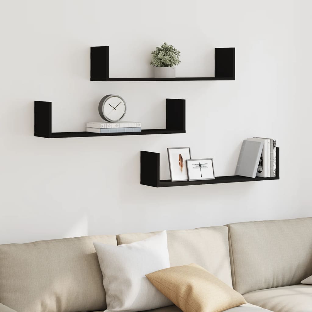 vidaXL Wall Shelves 3 pcs Black 80x18x18 cm Engineered Wood