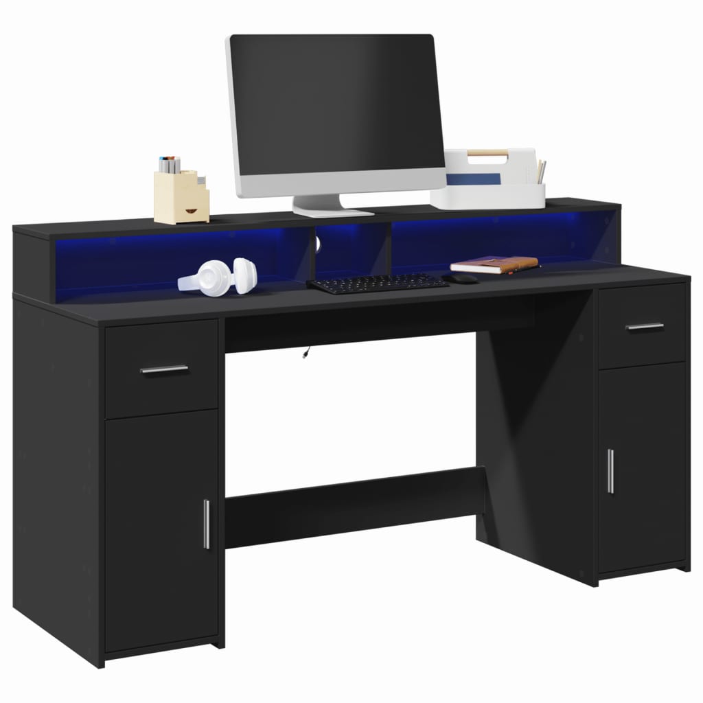 vidaXL Desk with LED Lights Black 160x55x91 cm Engineered Wood