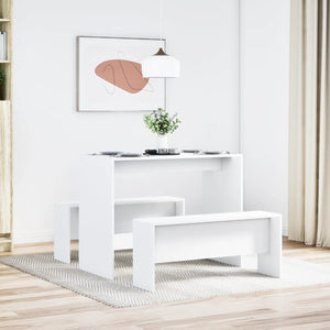 vidaXL 3 Piece Dining Table and Bench set White Engineered Wood