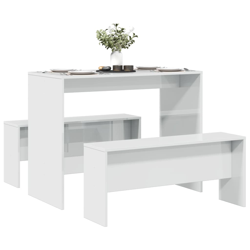 vidaXL 3 Piece Dining Table and Bench set High Gloss White Engineered Wood